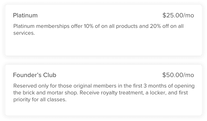 An image of membership options in Vagaro's salon, spa and fitness booking software