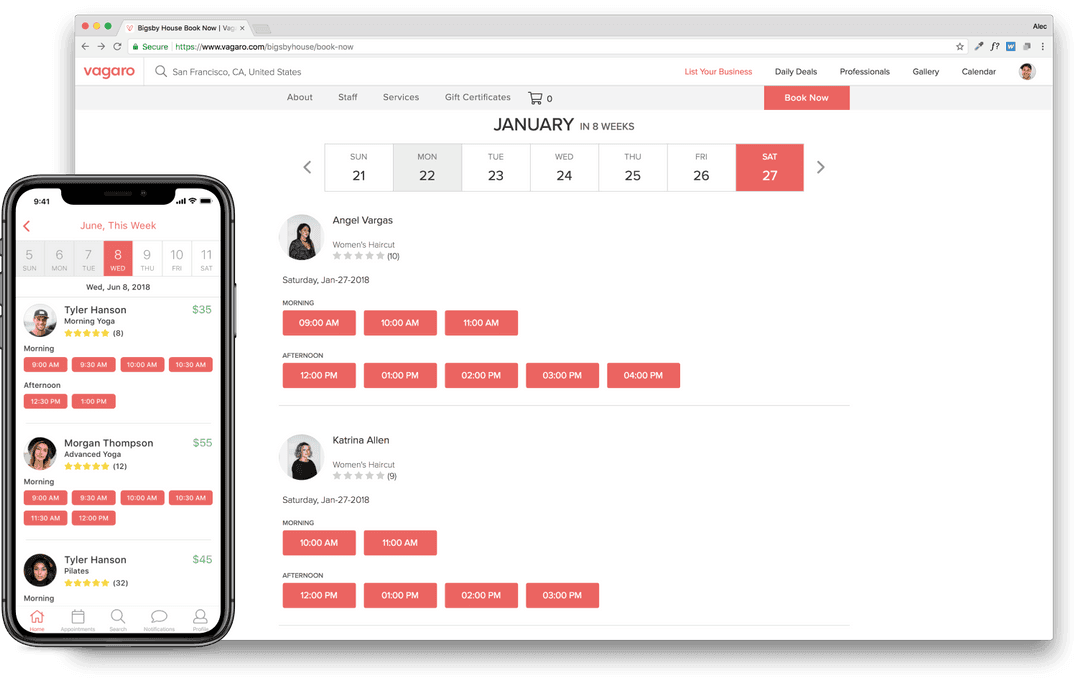  An image of a phone and webpage displaying Vagaro’s online bookings in our salon, spa, and fitness software & app.