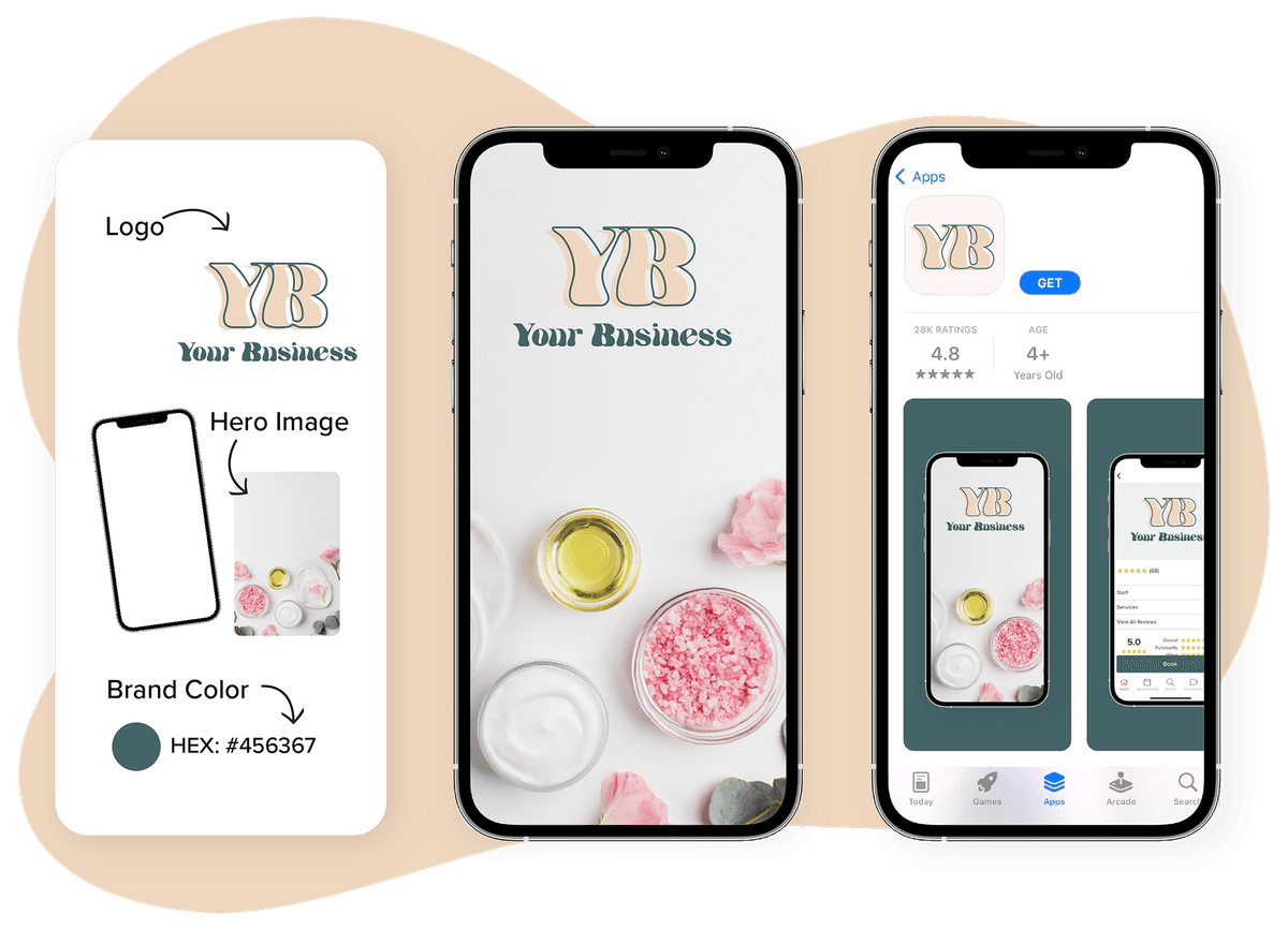 3 phone screens showing the steps of creating a branded app.
