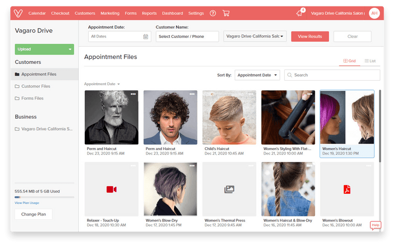  An image of a web page showing Vagaro’s Drive Dashboard and appointment files and customer tracking software.