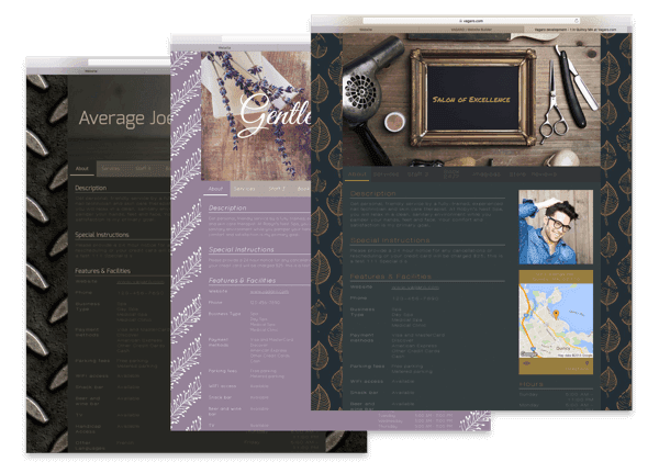 An image of three different free web designs generated by Vagaro's MySite Website builder.