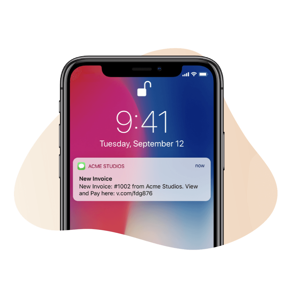 A phone screen showing a text message with a new invoice notification reminders in Vagaro salon software. 