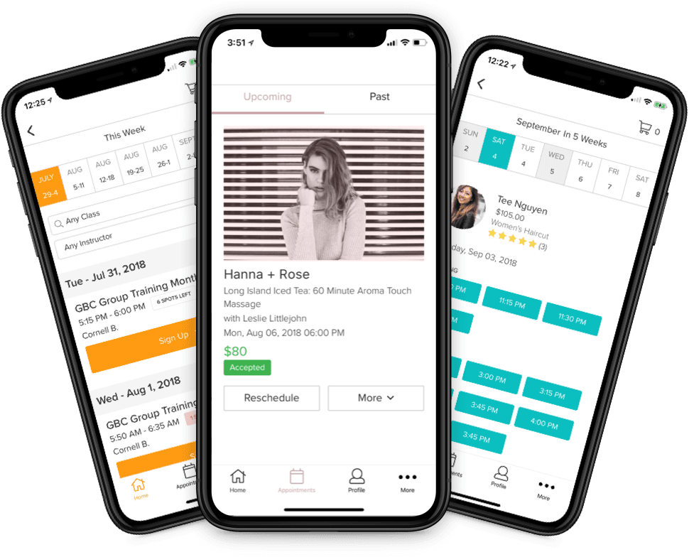 An image of three phone screens showing salon software within the Vagaro branded app.