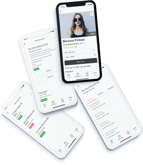 An image of four phone screens showing salon software customer profiles within the Vagaro branded app.