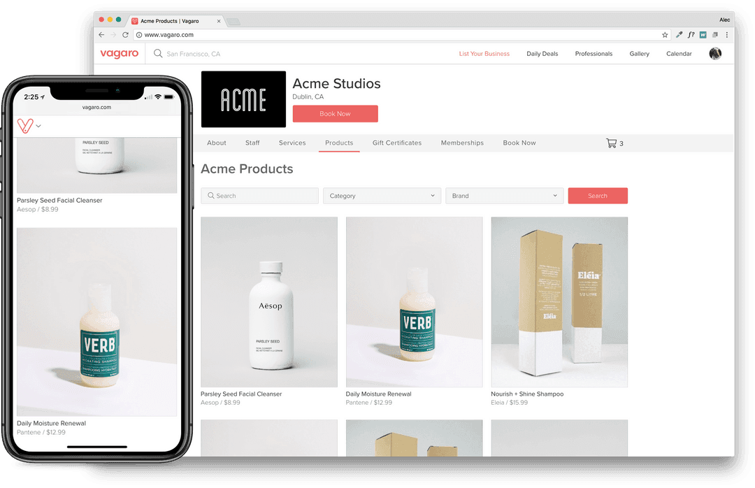An image of a phone and web page showing Vagaro's online shopping cart within Vagaro's salon, spa and fitness software.