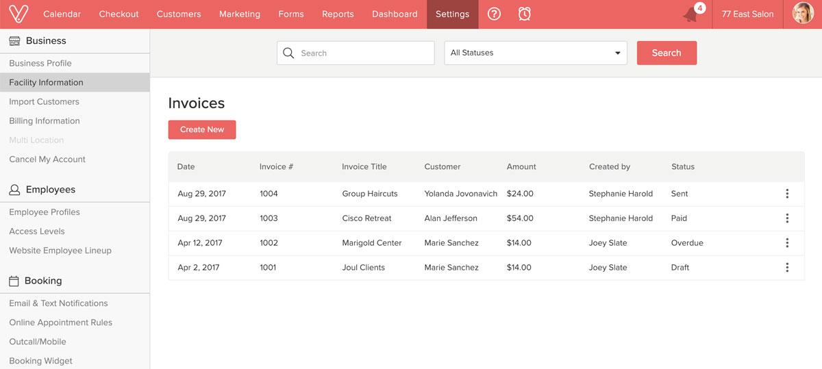 An image of Vagaro's invoice tracking system within our salon software