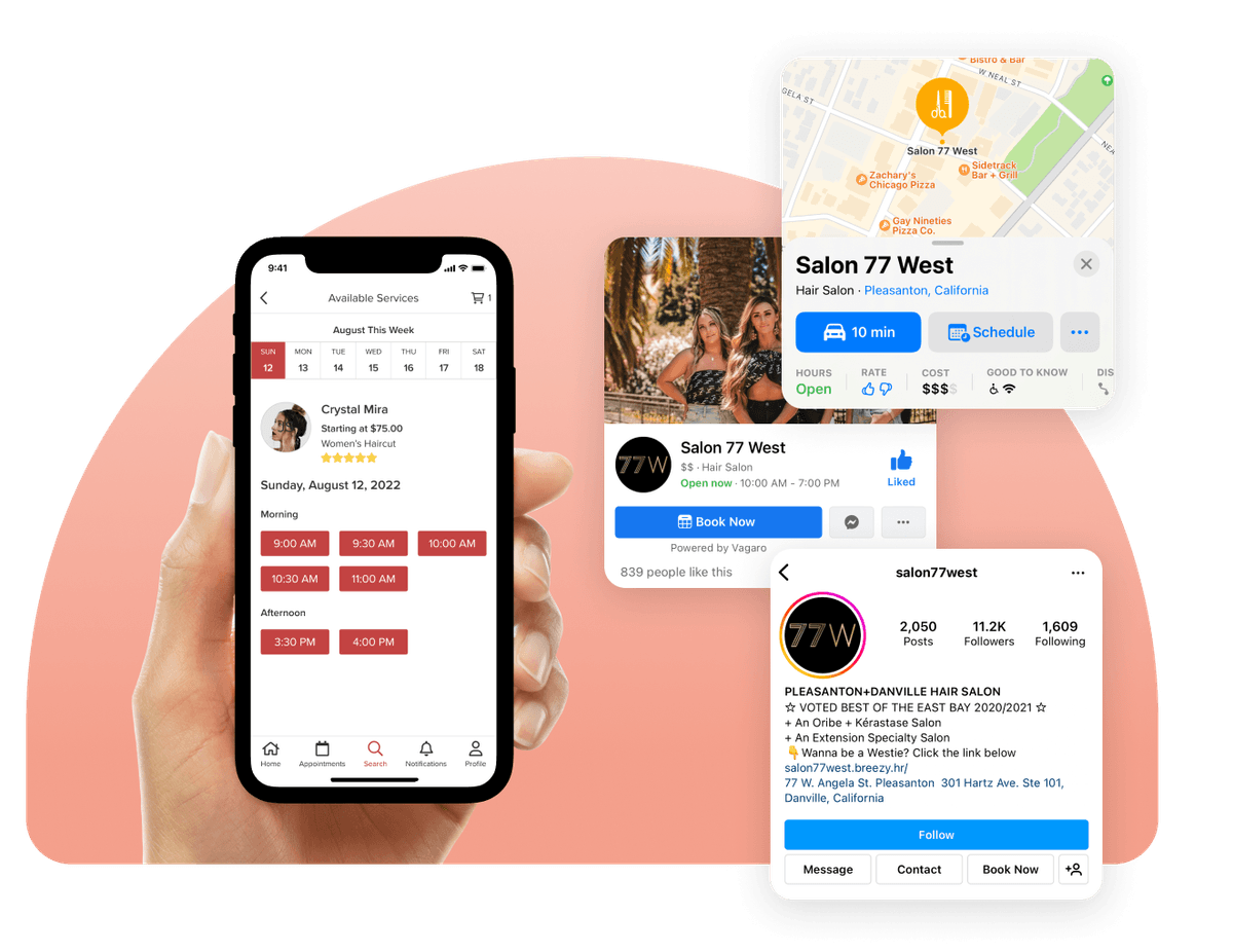 images showcasing salon booking ability through the Vagaro app, google maps, apple maps, and Instagram.