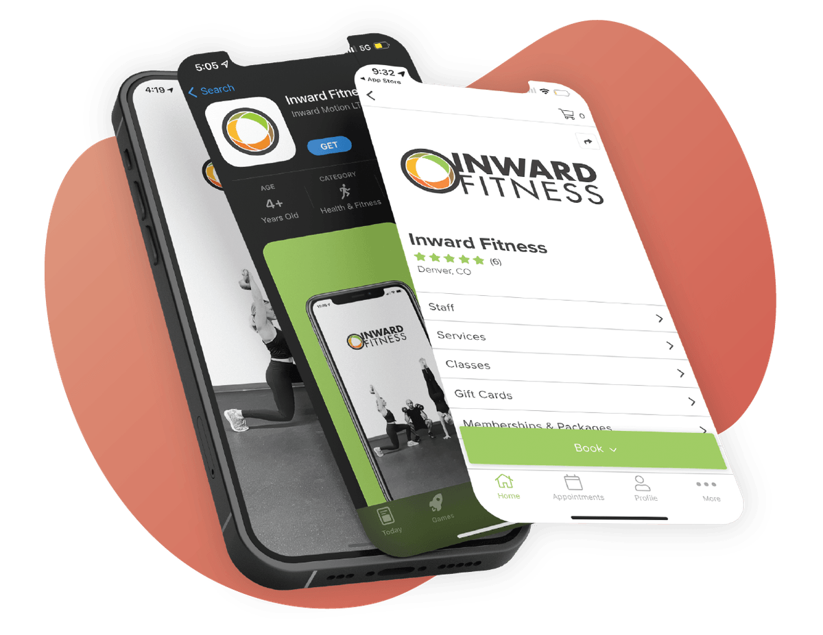 An image of a phone showing branded app designs that can be easily be created within Vagaro's salon, spa and fitness software.