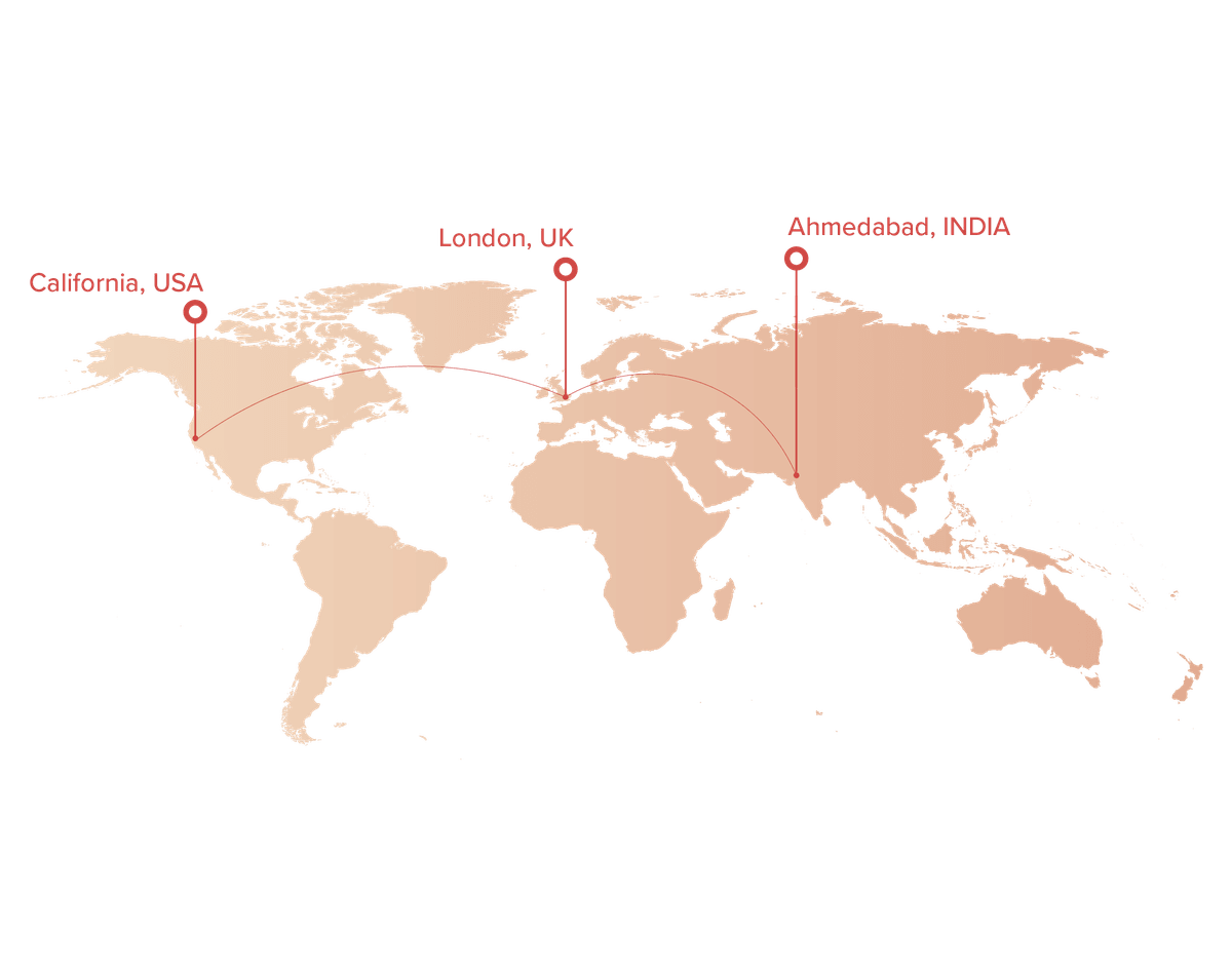An image of a the map showing that Vagaro's global team are from the US, UK and India.