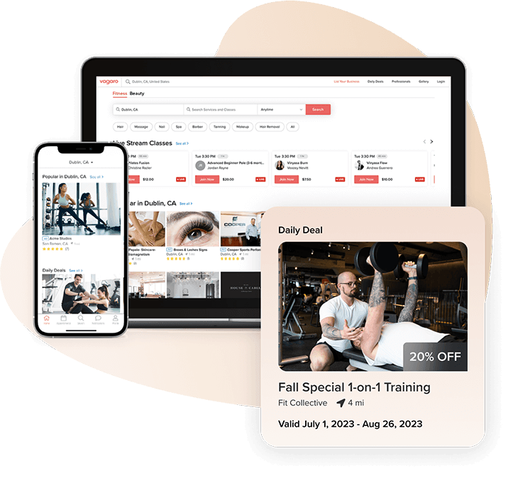 A tablet and phone that shows Vagaro’s online bookings in our fitness software and marketplace.