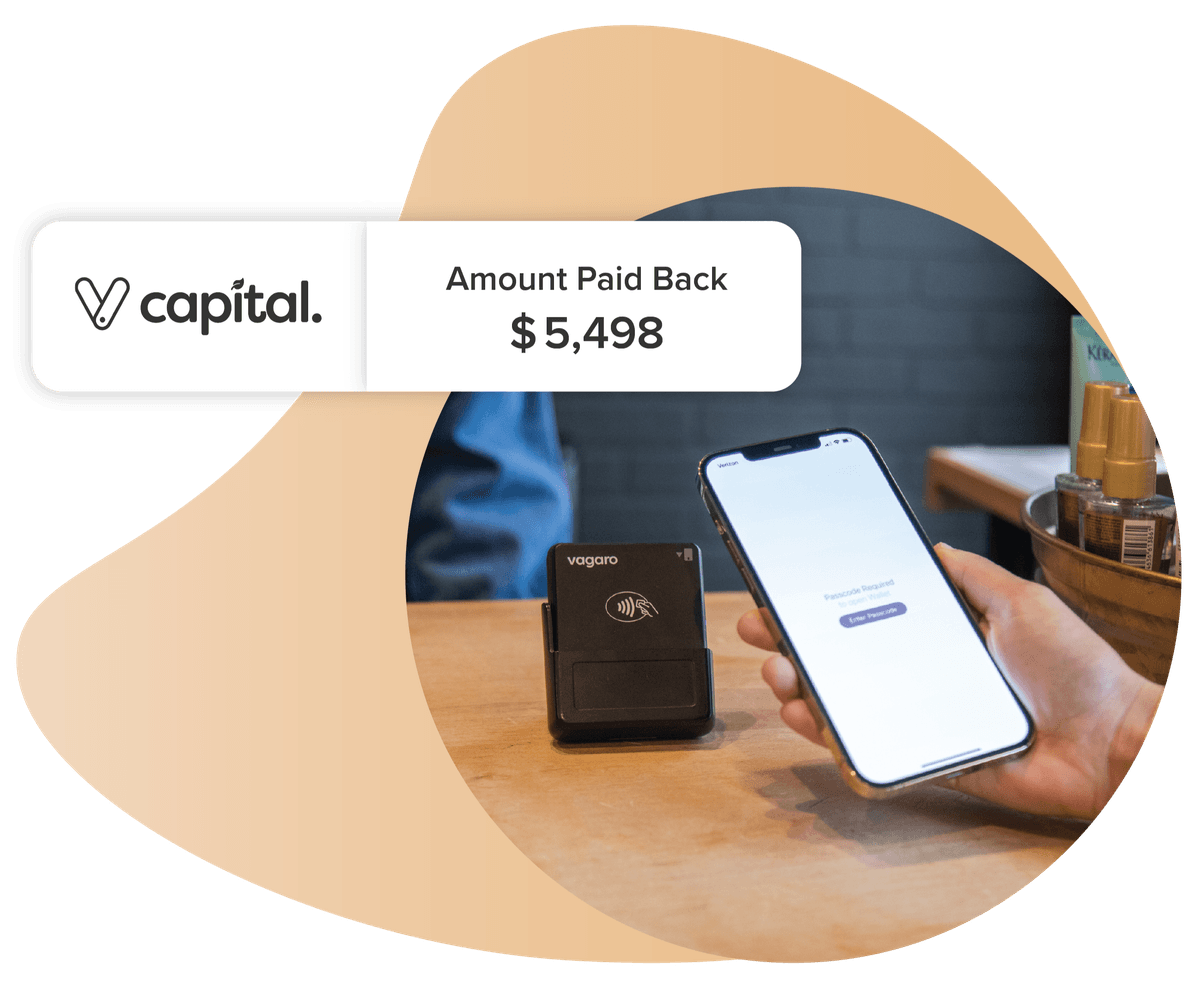 An image of a customer paying off flexible funding from Vagaro Capital with a customer popup with with amount paid back.
