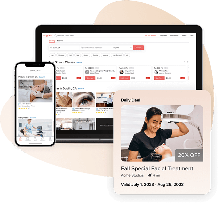 A tablet and phone that shows Vagaro’s online bookings in our spa software and app