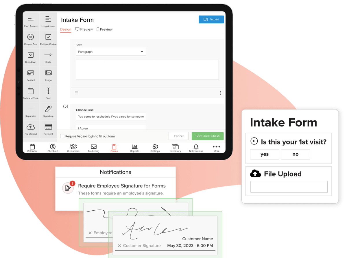 A tablet showing the intake form in Vagaro’s mental health software