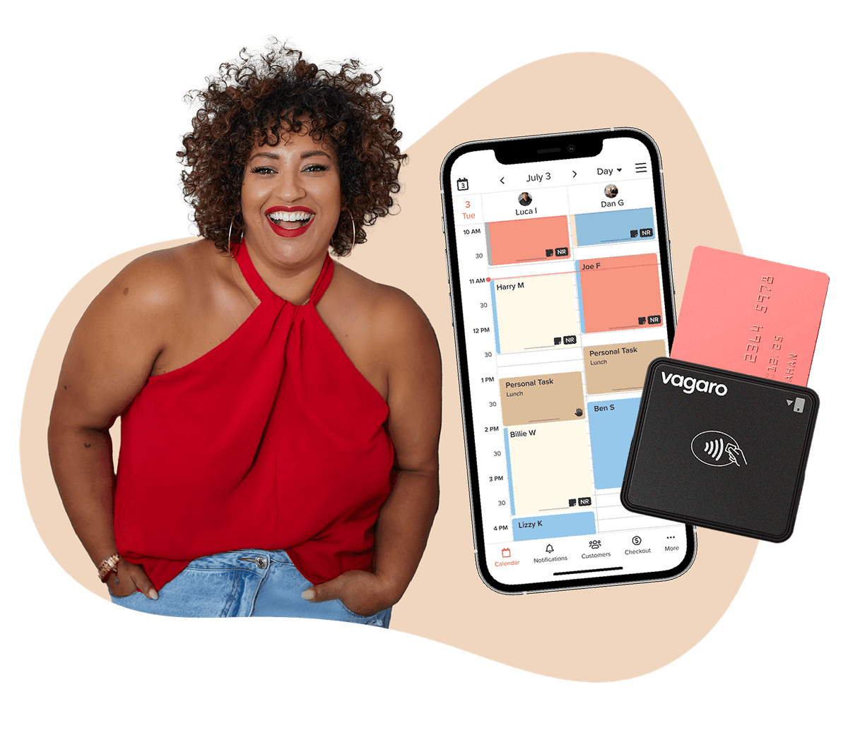 An image of Paula Peralta, phone screen displaying Vagaro's calendar and card reader.