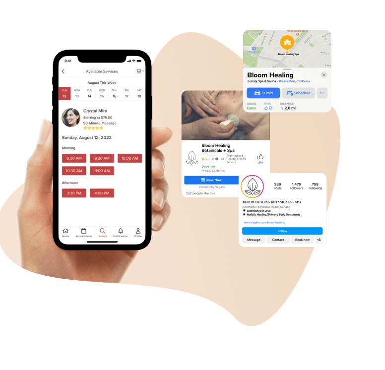 A phone and laptop showing Vagaro’s online booking in our spa software and app